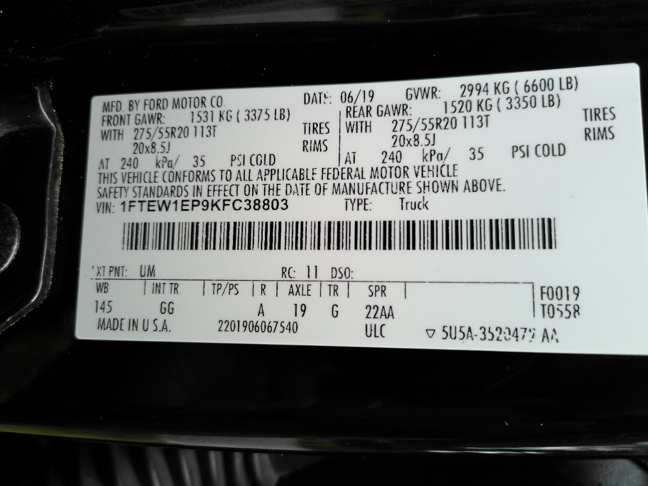 Ford F-150 4WD SuperCrew 145" FX4 2019