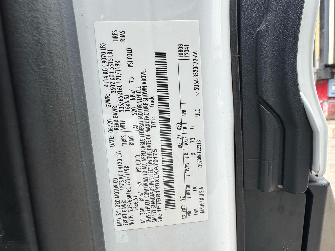 Ford Transit Cargo Van T-250 130" Low Rf 9070 GVWR RWD 2020