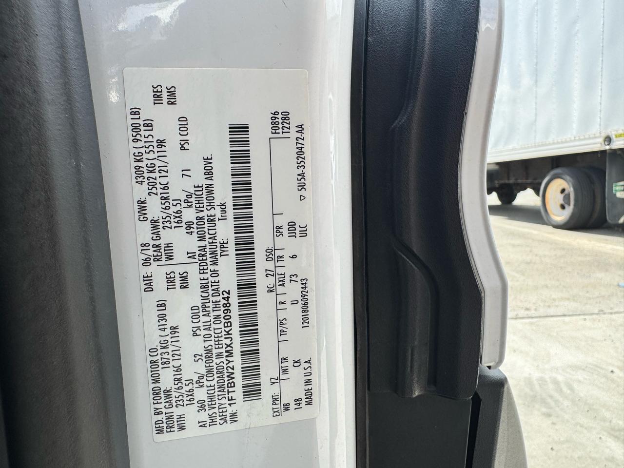 Ford Transit Van T-350 148" Low Rf 9500 GVWR Sliding RH Dr 2018