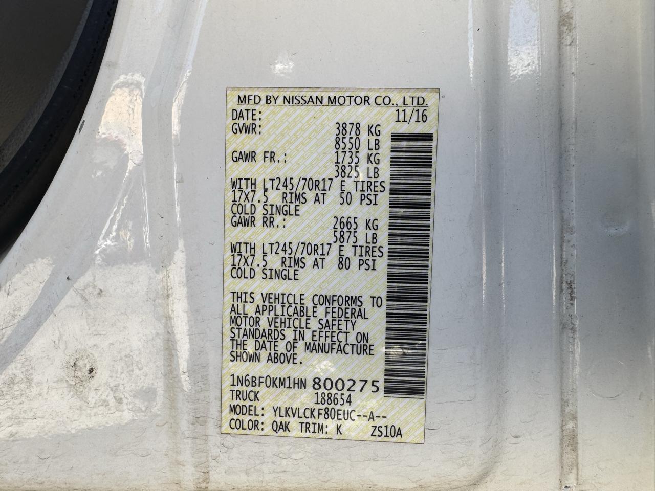 Nissan NV Cargo NV1500 Standard Roof V6 S 2017