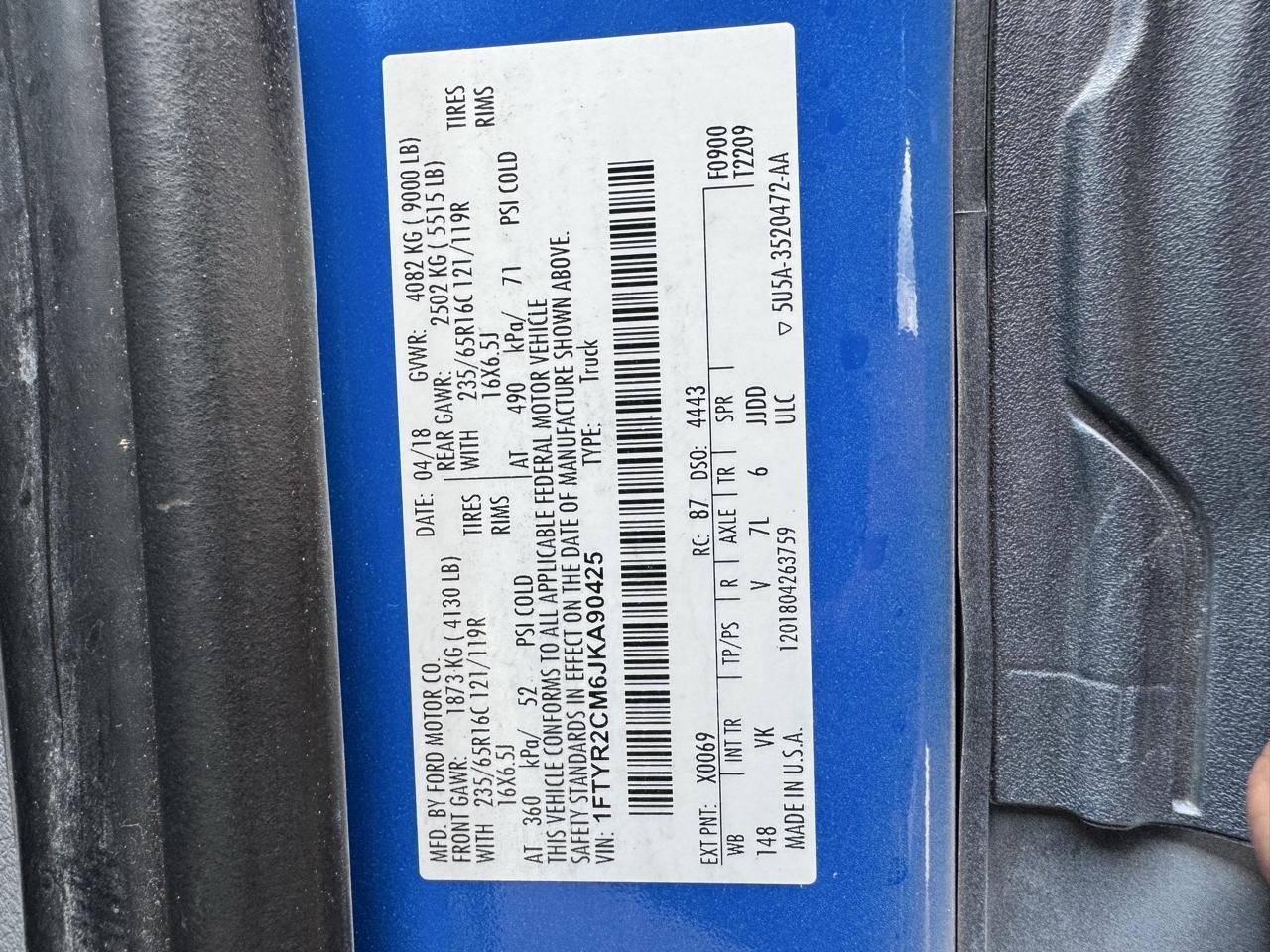 Ford Transit Van T-250 148" Med Rf 9000 GVWR Sliding RH Dr 2018