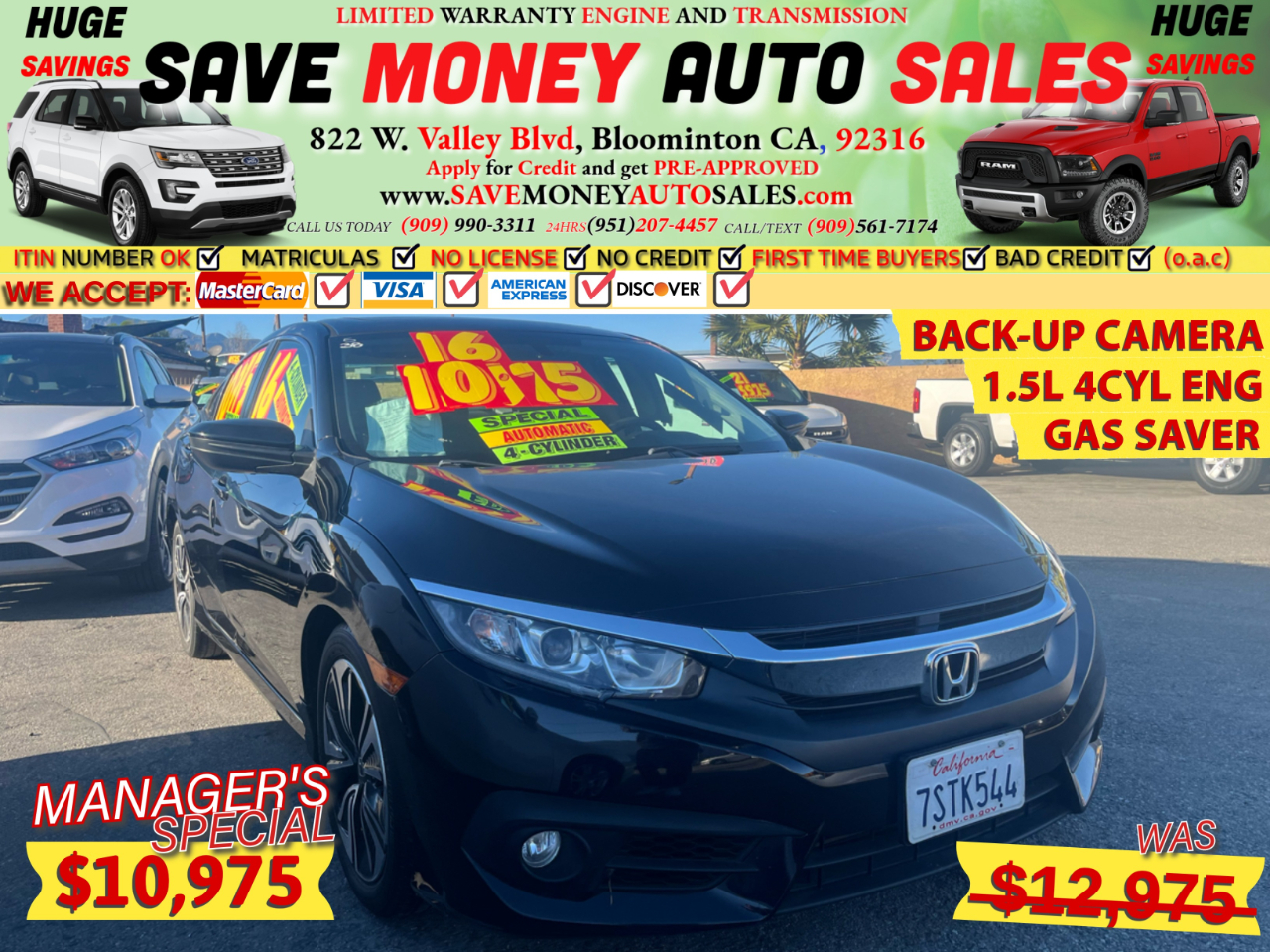 2016 Honda Civic Sedan BACK-UP CAMERA>1.5L 4CYL ENGINE>GAS SAVER