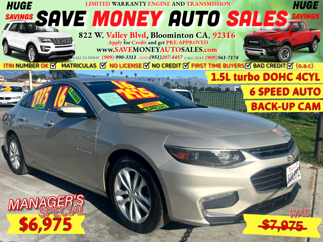 2016 Chevrolet Malibu 1.5L turbo DOHC 4CYL >6 SPEED AUTO>BACK-UP CAM