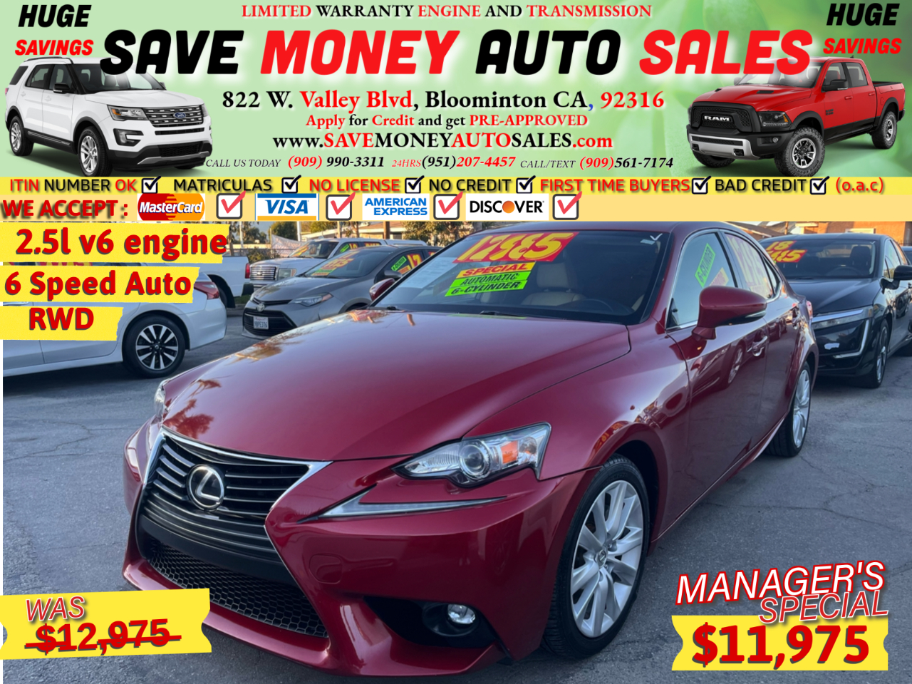 2014 Lexus IS 250 2.5L V6 DOHC 24V VVT-i>6 SPEED AUTO>REAR-WD