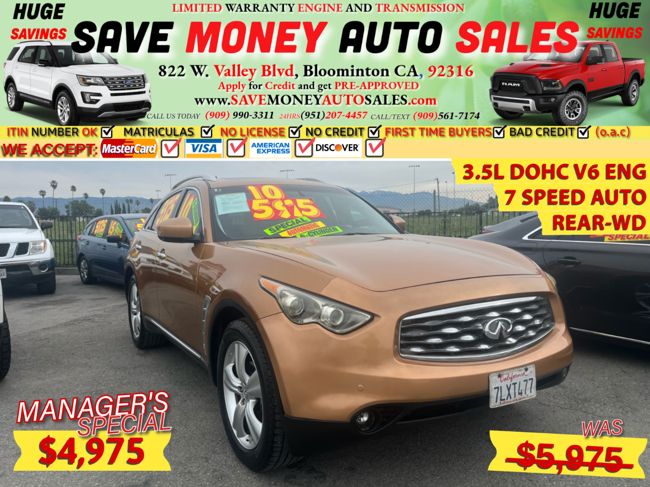 2010 Infiniti FX35 3.5L DOHC V6 ENG>7 SPEED AUTO>REAR-WD