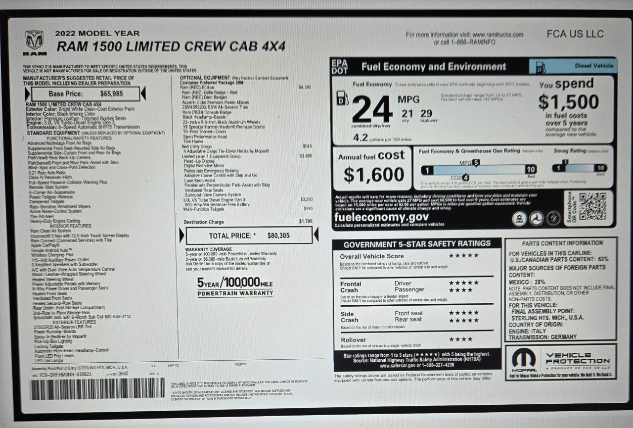 RAM 1500 Limited 4x4 Crew Cab 5'7" Box 2022
