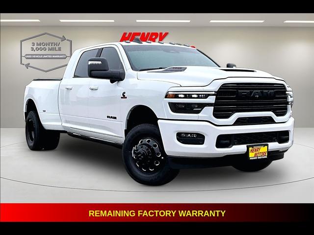 White 2026 RAM 3500 Laramie Mega Cab DRW 4WD Pickup Truck Four-Wheel Drive Automatic