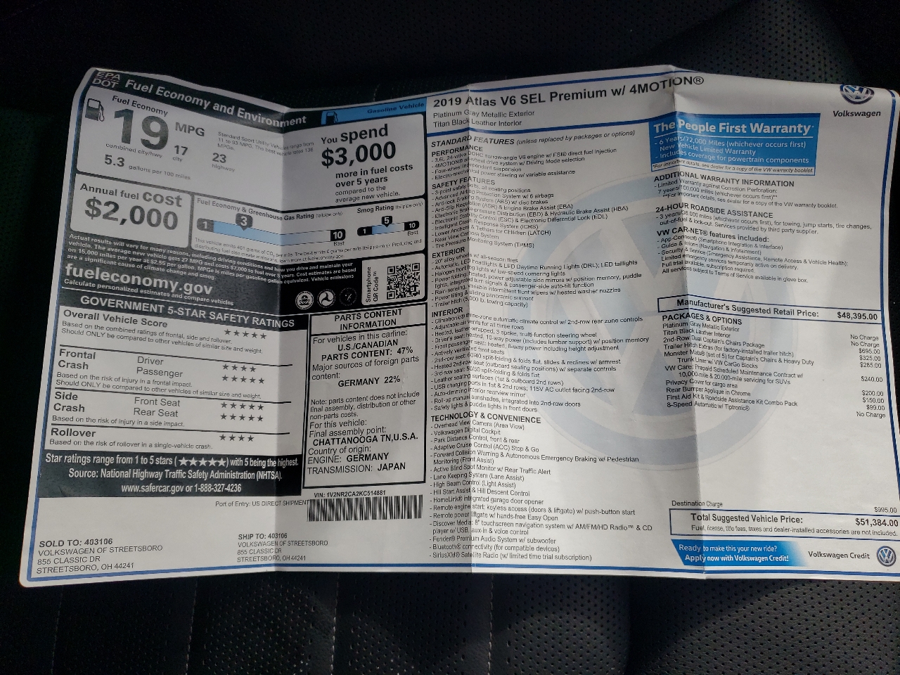 Volkswagen Atlas 3.6L V6 SEL Premium 4MOTION 2019 Volkswagen Atlas 3.6L V6 SEL Premium 4MOTION 2019