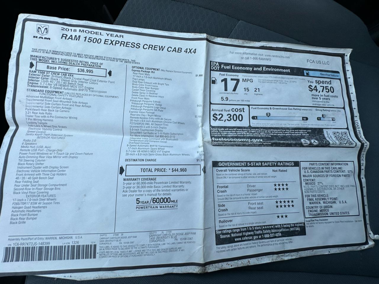 RAM 1500 Express 4x4 Crew Cab 5'7" Box 2018