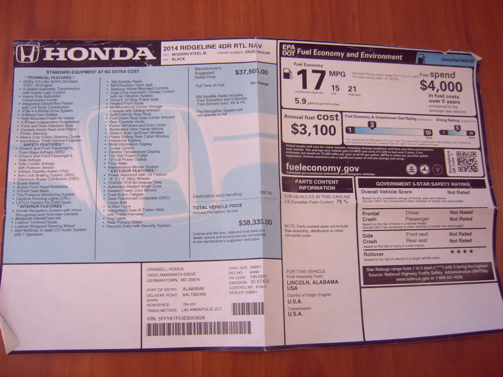 Honda Ridgeline RTL w/ Leather and Navigation 2014