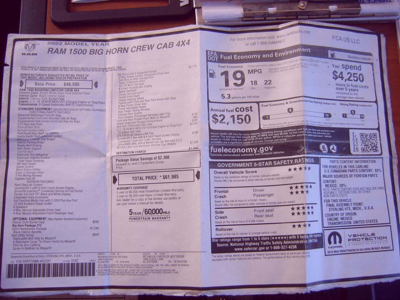 RAM 1500 Big Horn Crew Cab SWB 4WD 2022