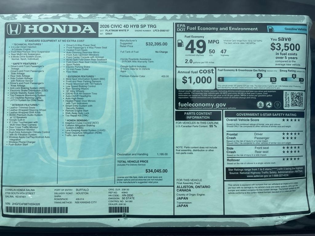 Honda Civic Sedan Hybrid Sport CVT 2026