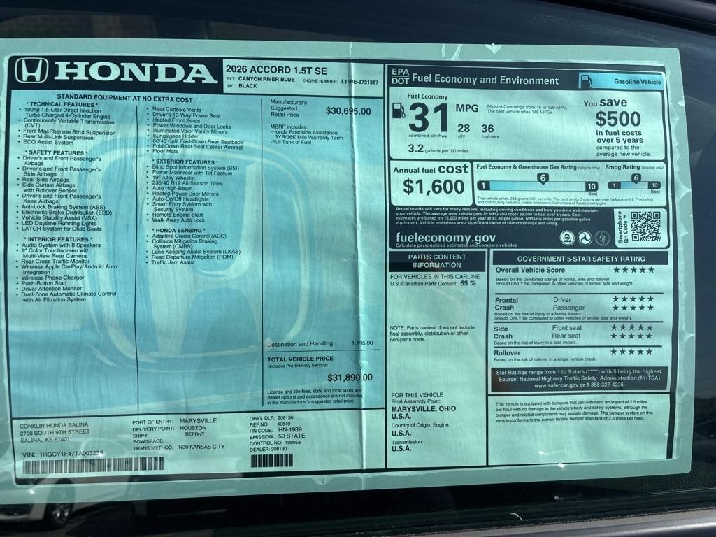 Honda Accord SE CVT 2026