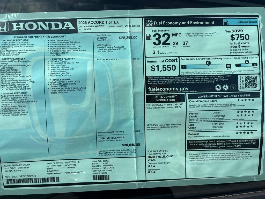 Honda Accord LX CVT 2026