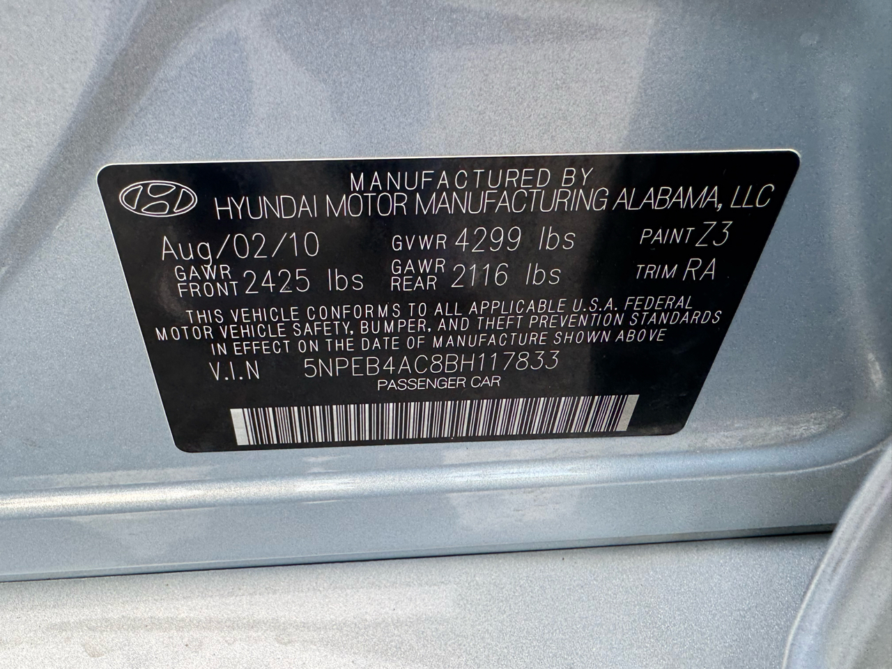 Hyundai Sonata 4dr Sdn 2.4L Auto GLS 2011