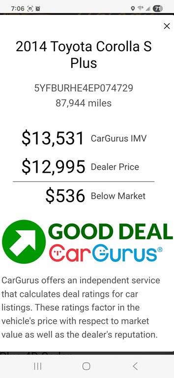 Toyota Corolla S Plus 4D Sedan 2014