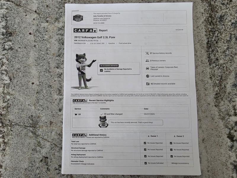 Volkswagen Golf 2.5L Conv & Sunroof 4 Door PZEV 2012