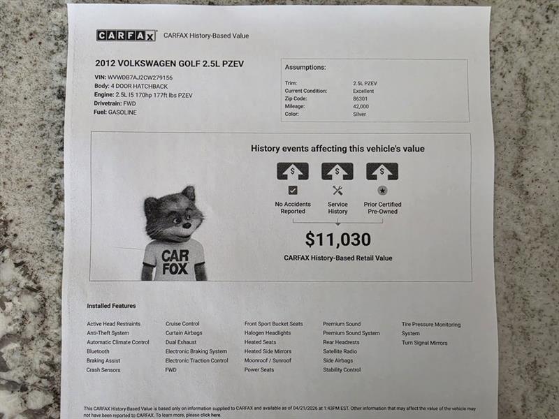 Volkswagen Golf 2.5L Conv & Sunroof 4 Door PZEV 2012