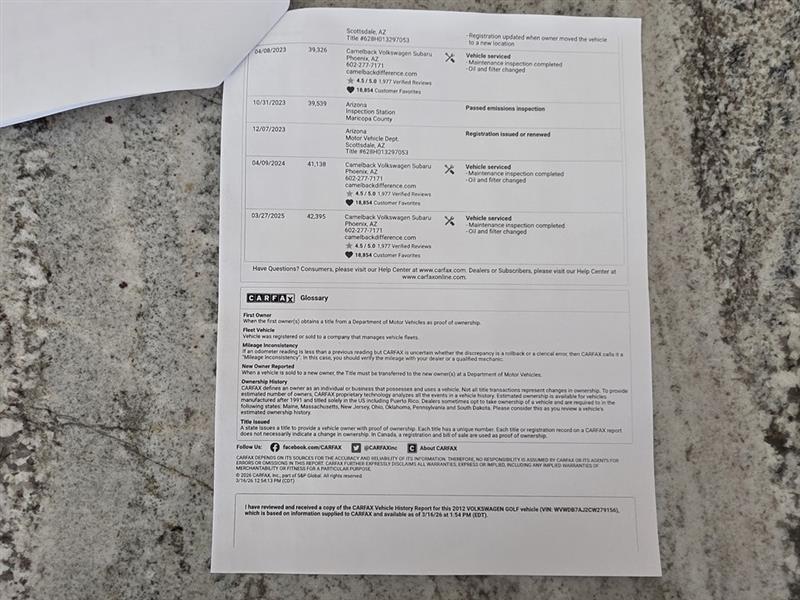 Volkswagen Golf 2.5L Conv & Sunroof 4 Door PZEV 2012