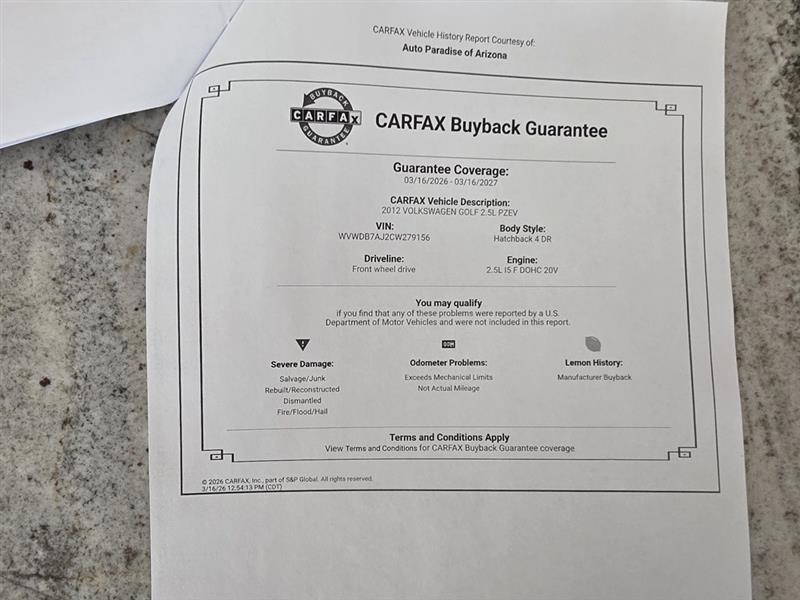 Volkswagen Golf 2.5L Conv & Sunroof 4 Door PZEV 2012