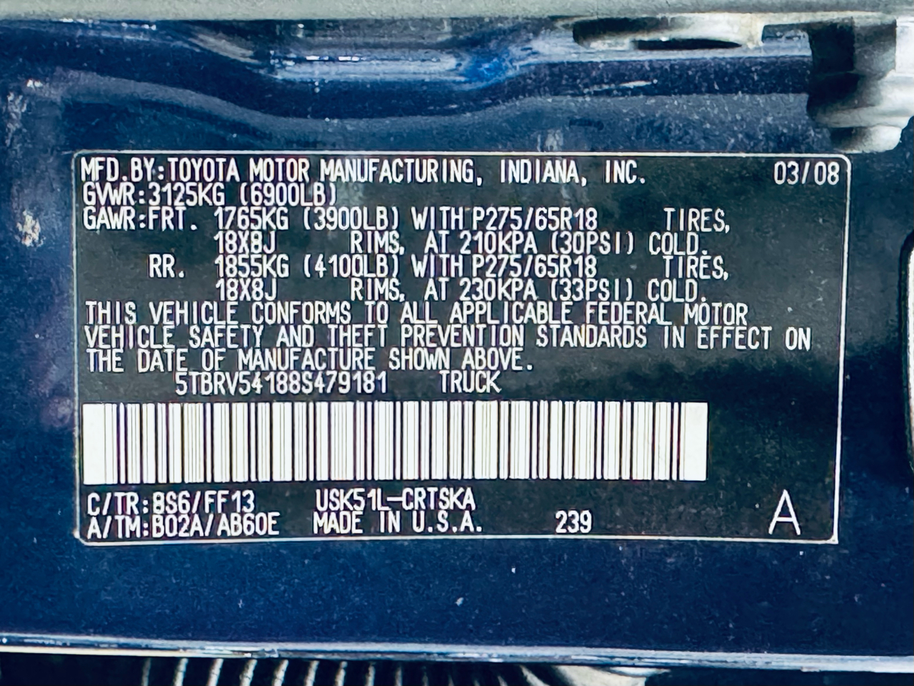Toyota Tundra 2WD Truck Dbl 5.7L V8 6-Spd AT (Natl) 2008