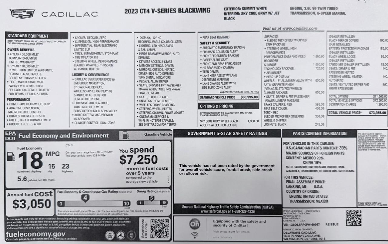 Cadillac CT4-V 4dr Sdn Blackwing 2023