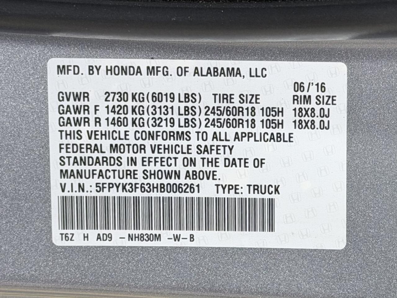 Honda Ridgeline RTL-T 4x4 Crew Cab 5.3' Bed 2017