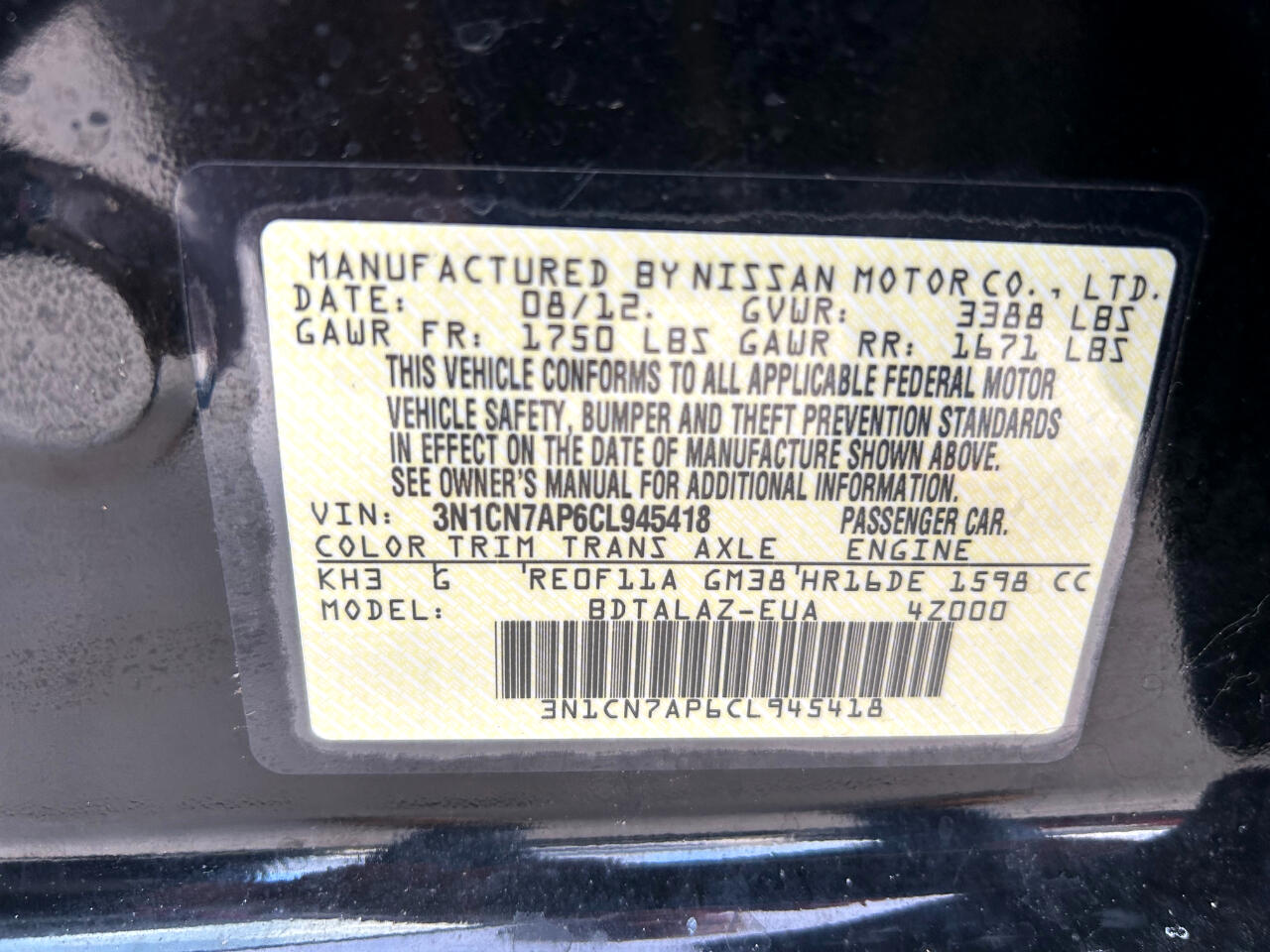 Nissan Versa 4dr Sdn CVT 1.6 S 2012