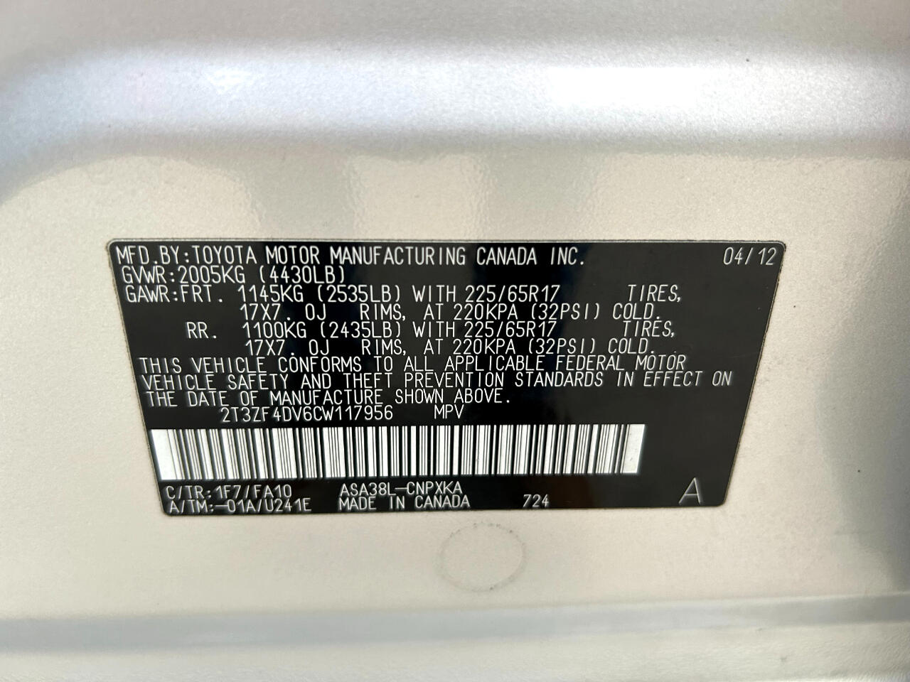 Toyota RAV4 FWD 4dr I4 (Natl) 2012