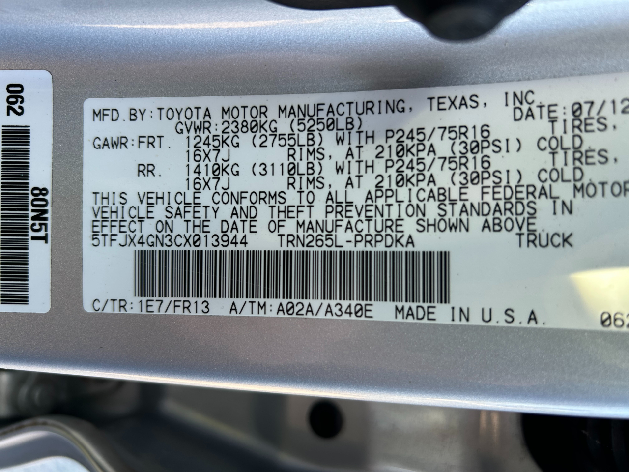 Toyota Tacoma 2WD Double Cab I4 AT PreRunner (Natl) 2012