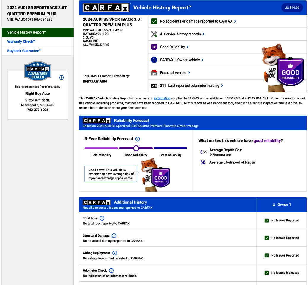 Audi S5 Premium Plus Hatchback quattro 2024