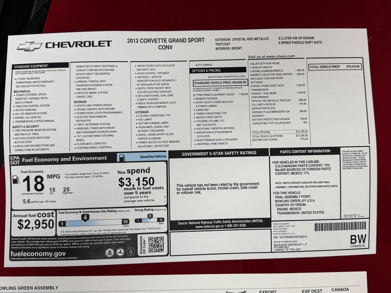 Chevrolet Corvette GS Convertible 3LT 2013