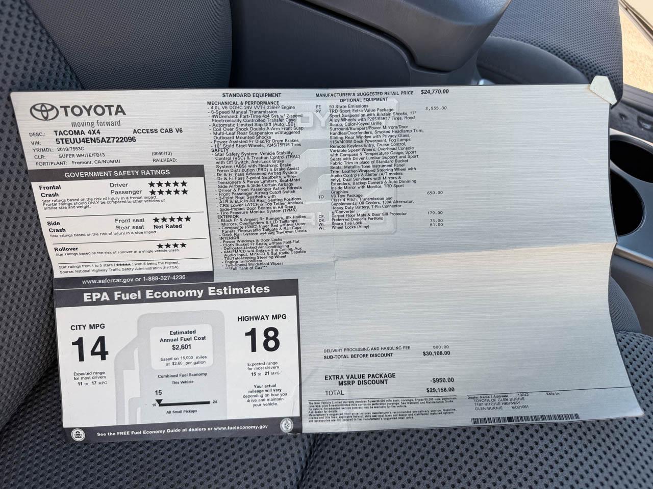 Toyota Tacoma 4WD TRD Sport Access Cab 6' Bed V6 MT (Natl) 2010