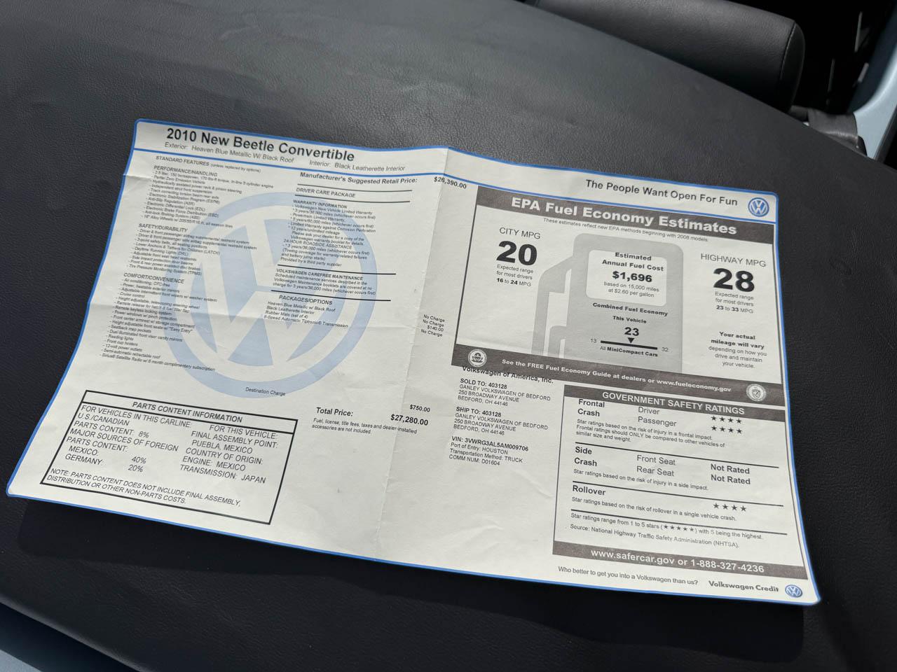 Volkswagen New Beetle 2.5L PZEV Convertible 2010