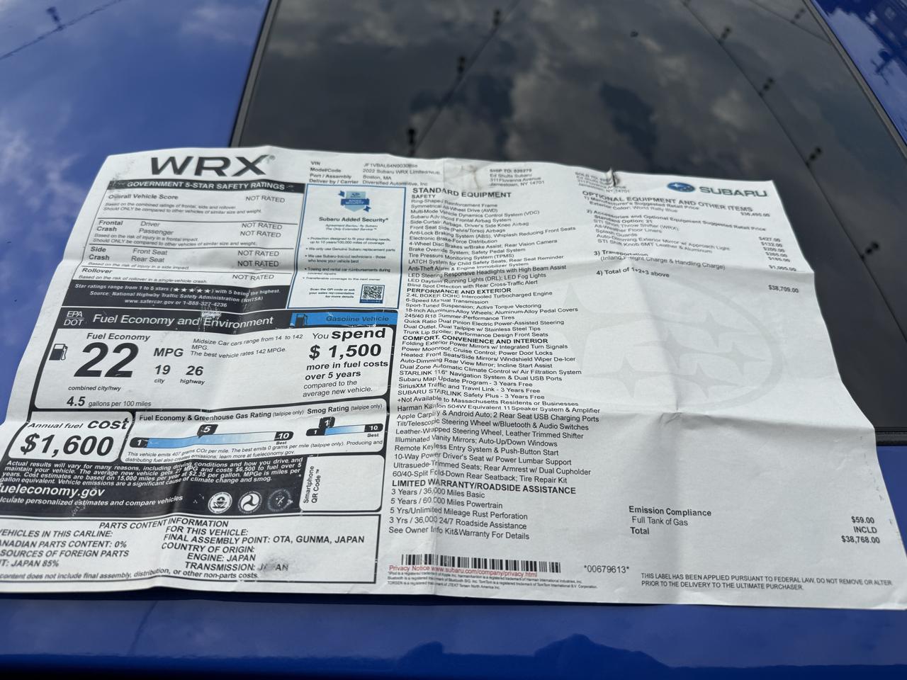 Subaru WRX Limited 6M 2022