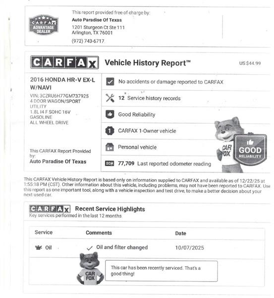 Honda HR-V EX-L w/Navigation 4WD CVT 2016