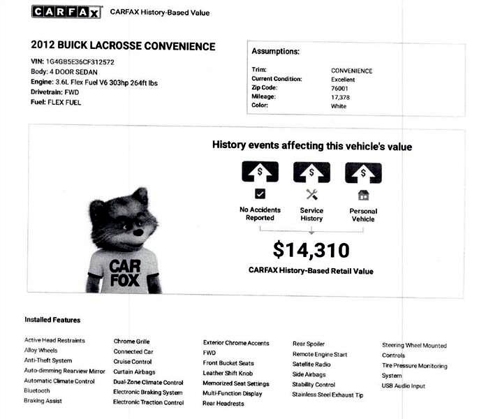2012 Buick LaCrosse Convenience Package