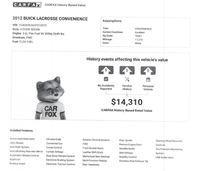Buick LaCrosse Convenience Package 2012