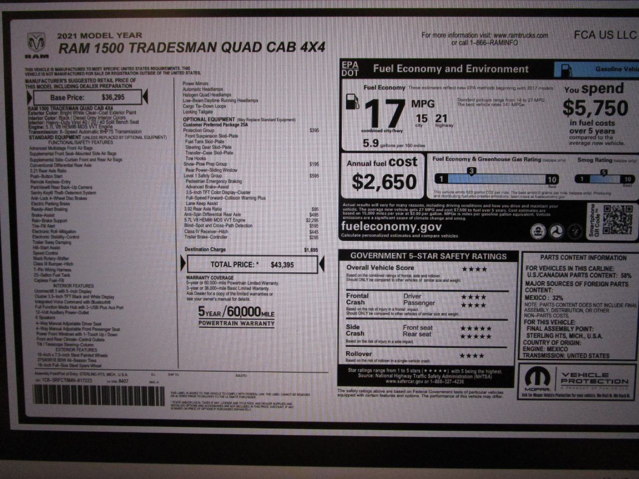 RAM 1500 Tradesman 4x4 Quad Cab 6'4" Box 2021