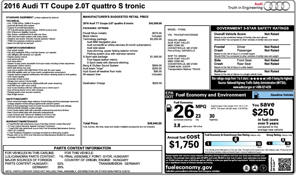 Audi TT 2.0T Coupe quattro 2016