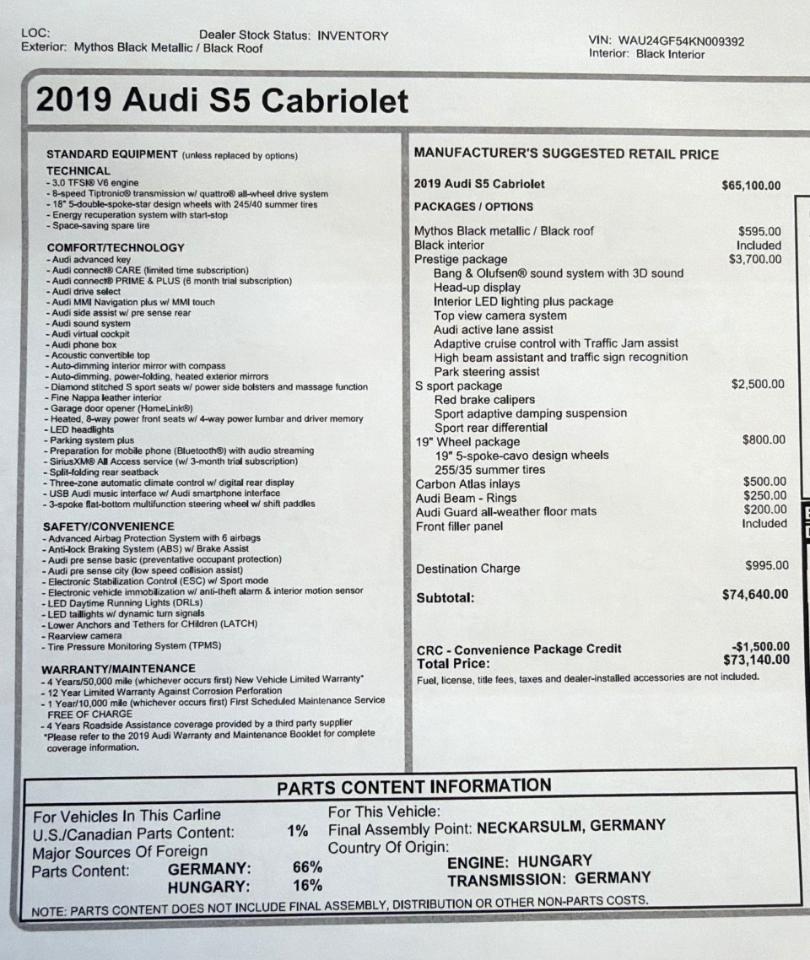 Audi S5 Prestige Cabriolet quattro 2019