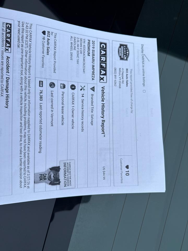 Subaru Impreza 2.0i Premium CVT 4-Door 2019