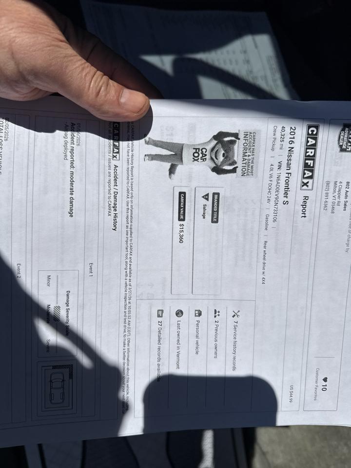 Nissan Frontier S Crew Cab 5AT 4WD 2016