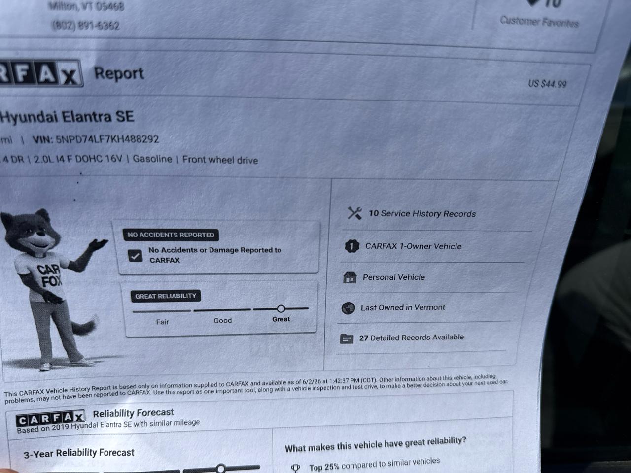 Hyundai Elantra SE 6AT 2019