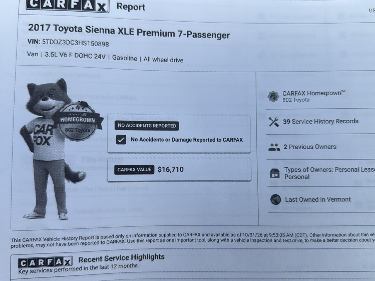 Toyota Sienna XLE 7-Passenger AWD 2017