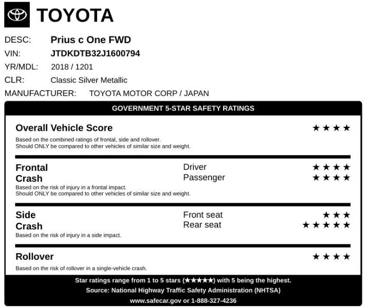 Toyota Prius c One 2018 Toyota Prius c One 2018