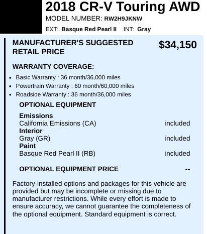 Honda CR-V Touring AWD 2018 Honda CR-V Touring AWD 2018