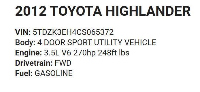 Toyota Highlander SE FWD V6 2012