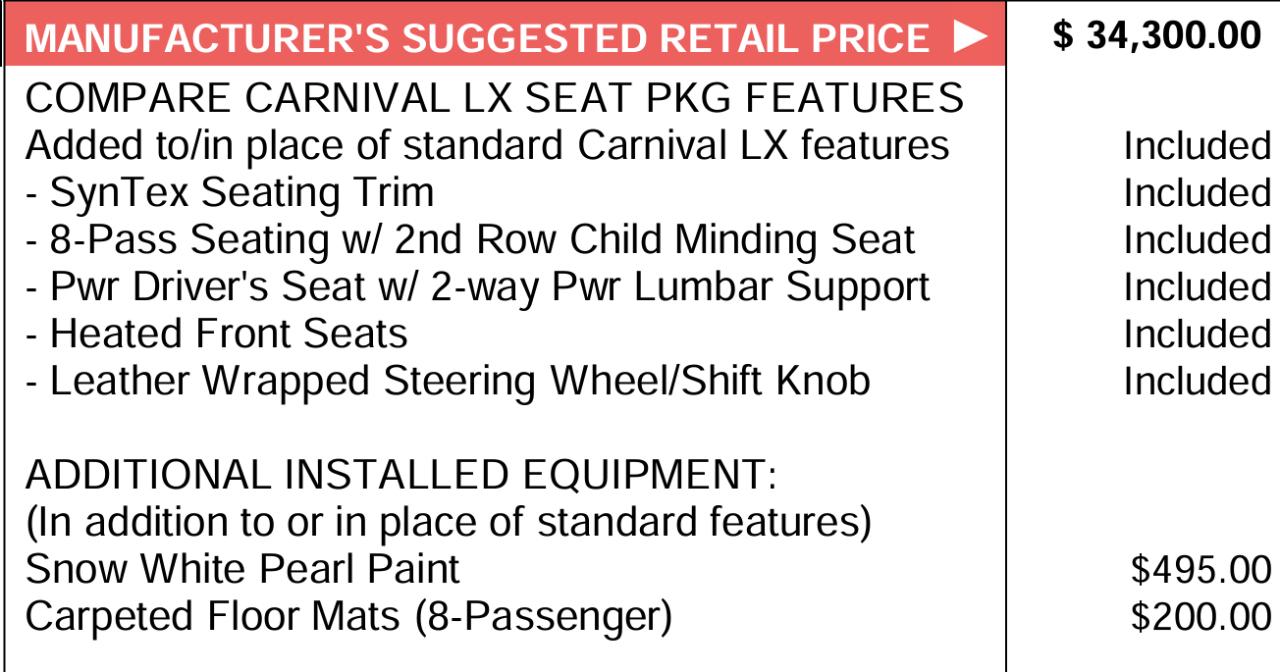 Kia Carnival LX Seat Package 2022