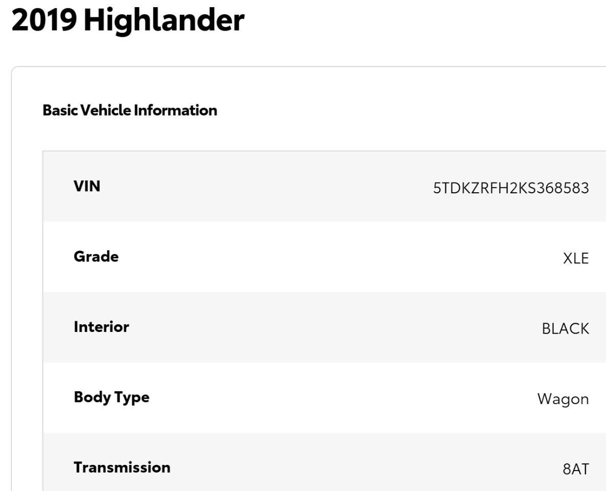 Toyota Highlander XLE FWD V6 2019